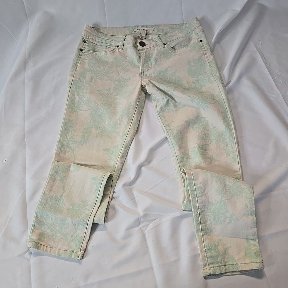 Womens Floral Printed Denim Jeans 27 White Green Boho Chic Tropical Garden